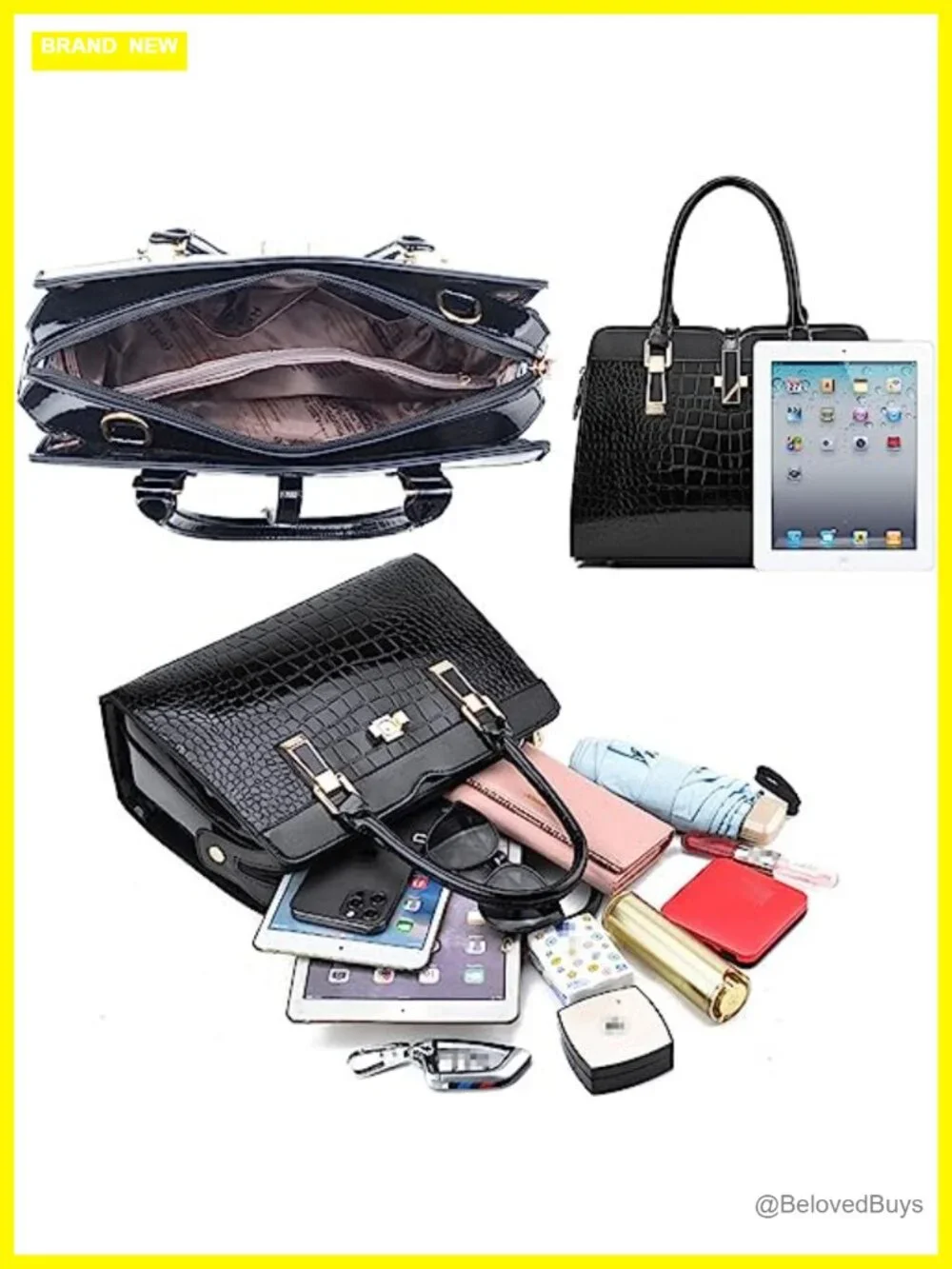 Patent Leather Satchel Handbag Women Tote Crocodile Pattern Top-Handle Shoulder